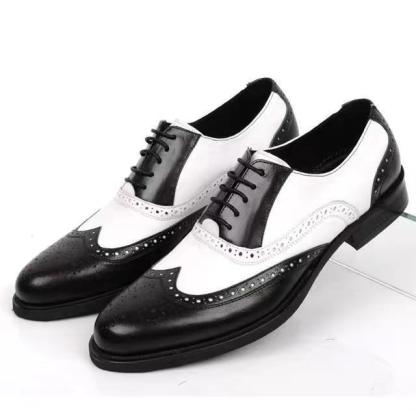 Men's white yellow patch wingtip brogue oxfords Lace-up formal business loafers shoes