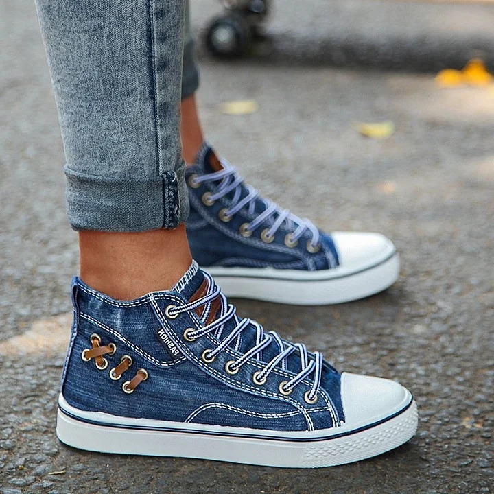 Women‘s Fashion Casual Denim Wear-Resistant High-Top Sneakers