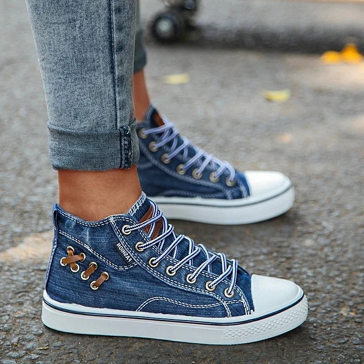 Women‘s Fashion Casual Denim Wear-Resistant High-Top Sneakers