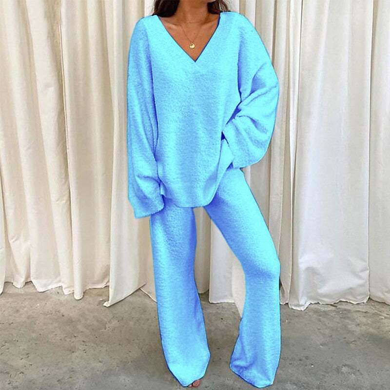 PRETTYGARDEN Women's 2-Piece Lounge Set Soft Chunky V Neck Tops & Wide Leg Long Pants Basic Tracksuit Loungewear Minimalist Homewear Pajama[Buy 2 Free Shipping]