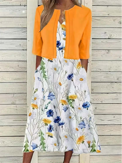 V Neck Half Sleeve Floral Two Piece Midi Dress