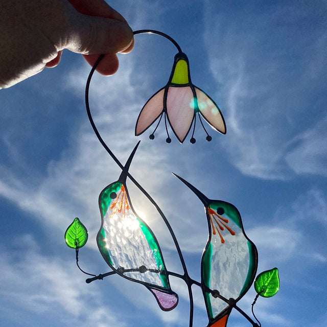Hummingbird stained glass window hangings 2 birds