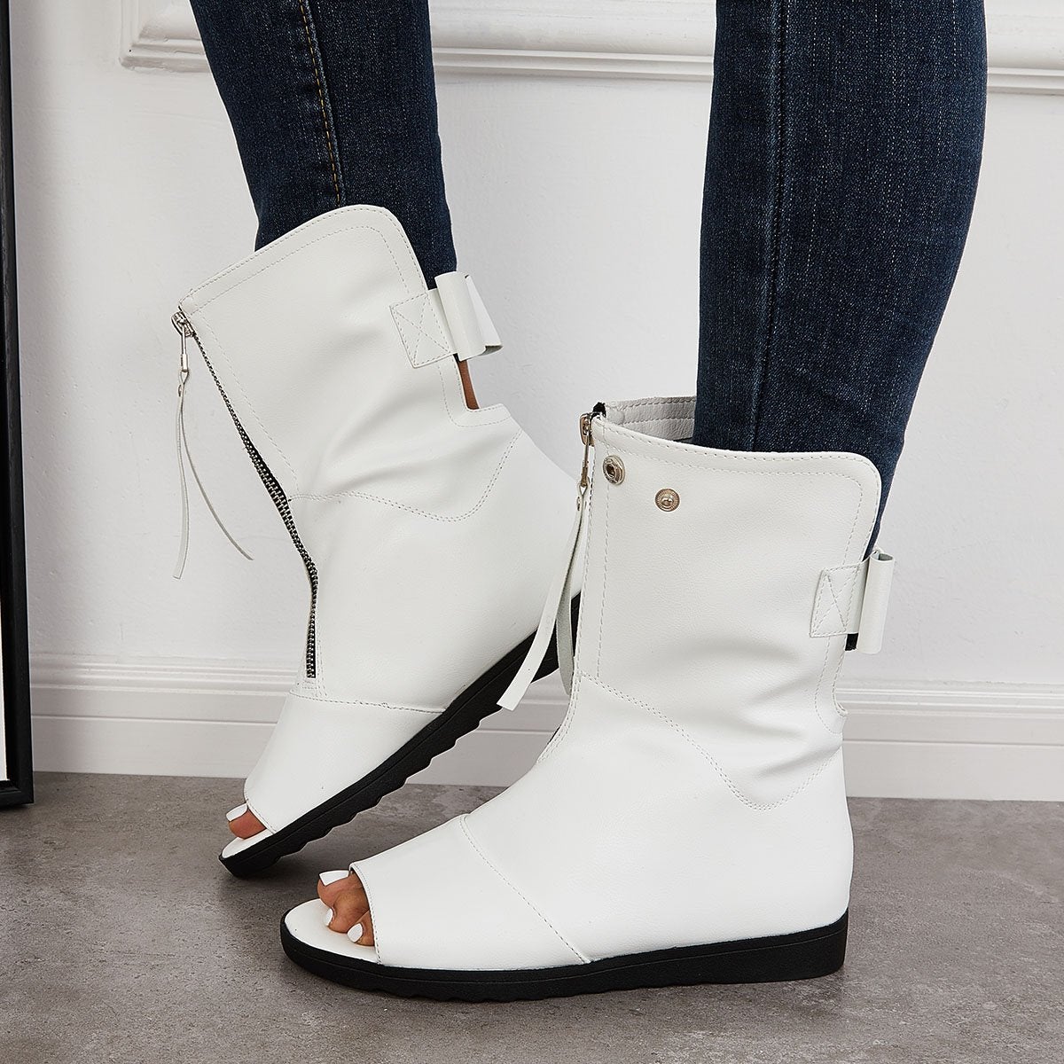Women's Open Toe Ankle Boots Fashion Flat Booties Zip Up Boots