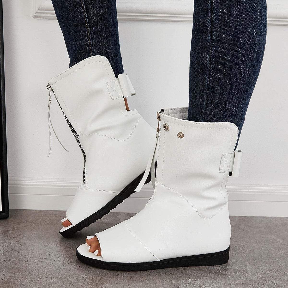 Women's Open Toe Ankle Boots Fashion Flat Booties Zip Up Boots