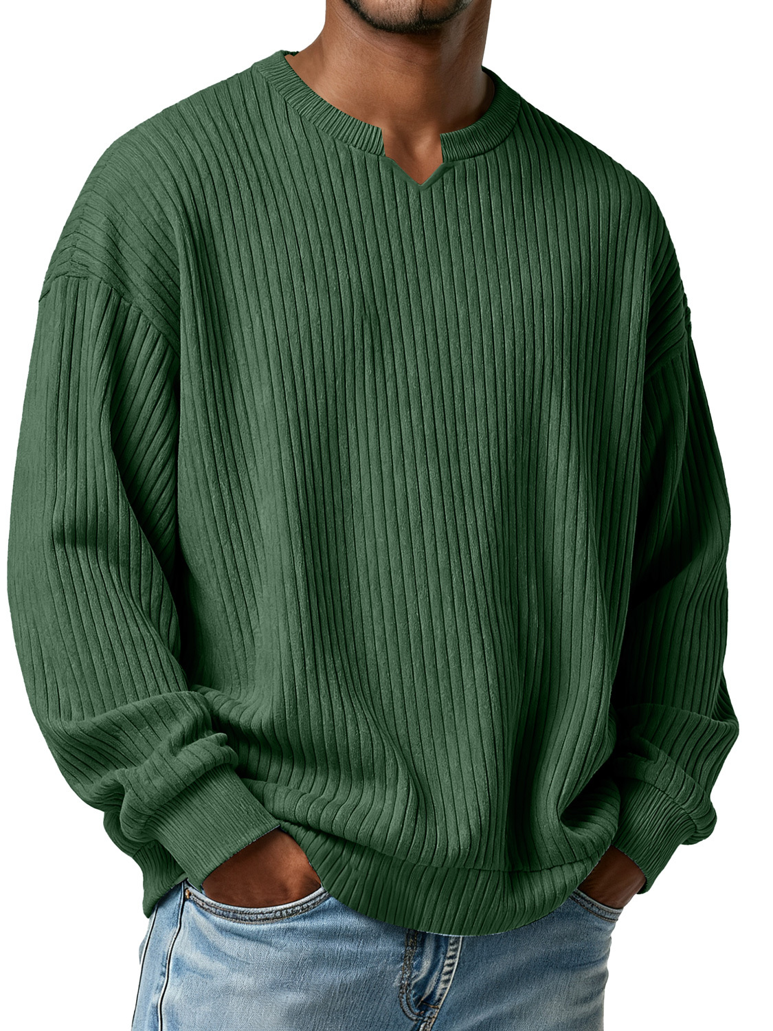Men's Simple Vertical Ribbed Small V-neck Casual Loose Long-sleeved T-shirt