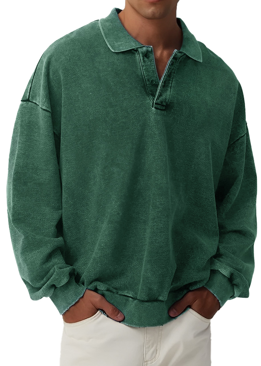 Men's Retro Fashion Distressed Lapel Long Sleeve Polo Sweatshirt