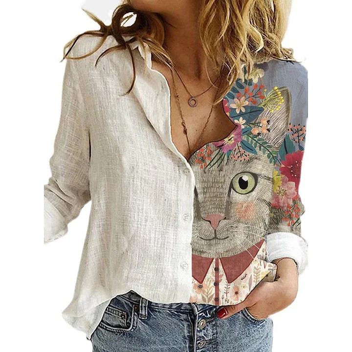 Women's Casual Art Pattern Patchwork Cotton Linen Shirt