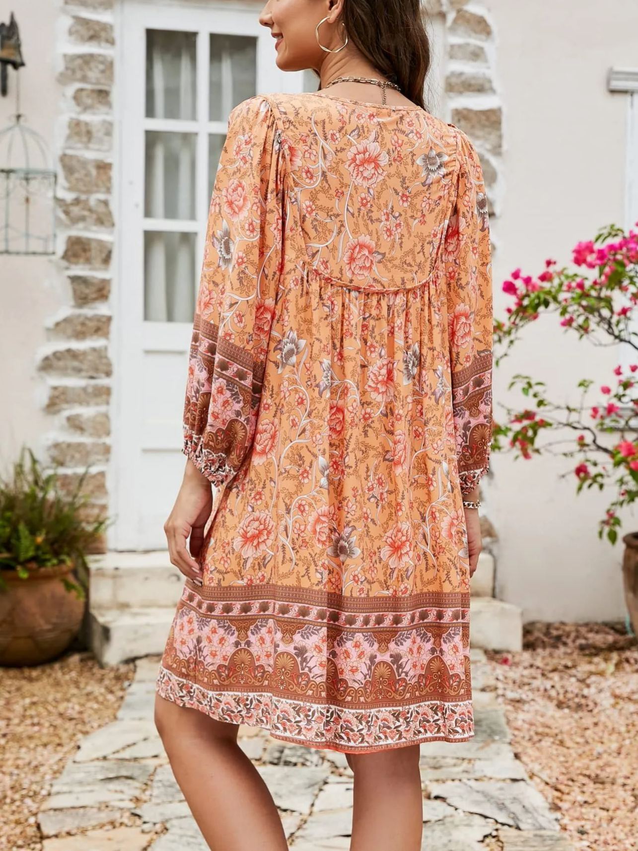 Women's V Neck 3/4 Sleeve Short Floral Print Flowy Dress