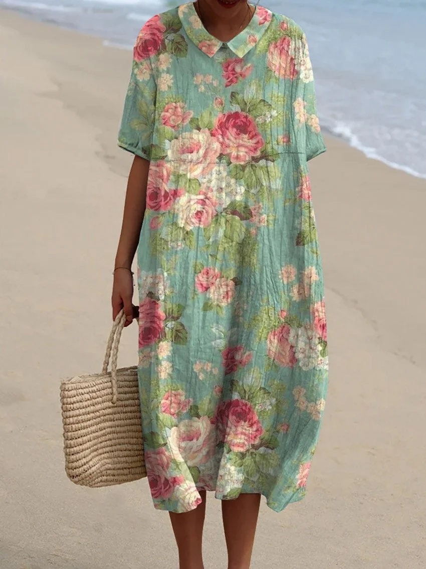 Women's Vintage Floral Art Print Pocket Linen Dress（Convertible Dress With Front And Back Option）