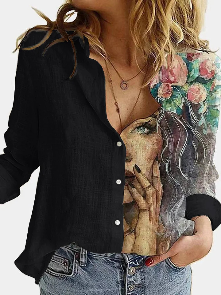 Women's Casual Art Pattern Patchwork Cotton Linen Shirt