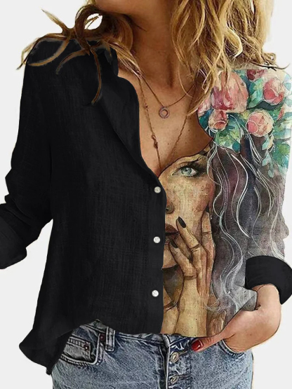 Women's Casual Art Pattern Patchwork Cotton Linen Shirt