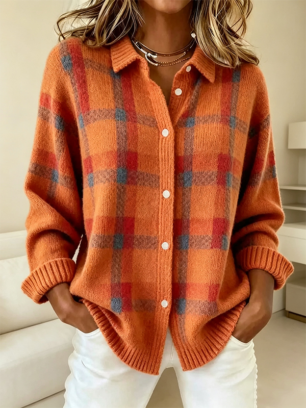 Women's Plaid Print Casual Cotton Buttoned Cardigan Sweater