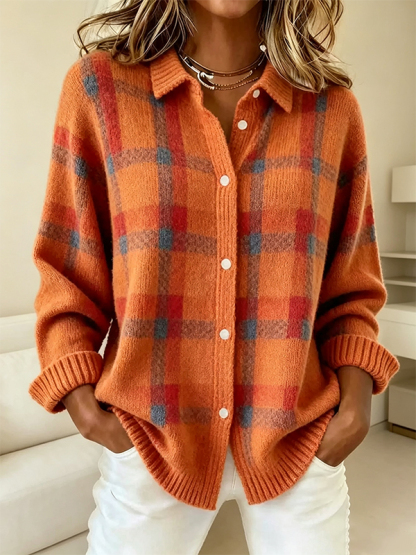 Women's Plaid Print Casual Cotton Buttoned Cardigan Sweater