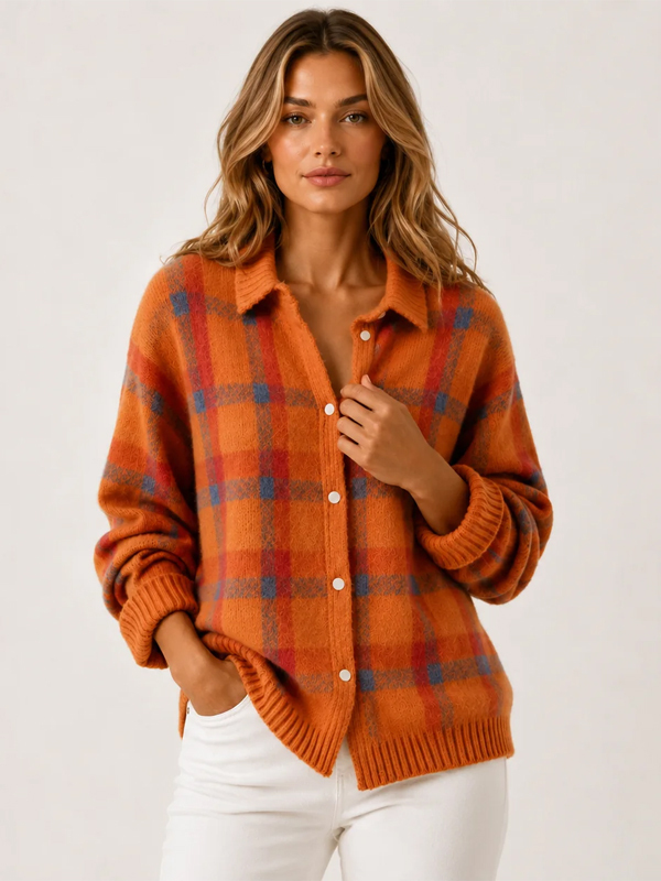 Women's Plaid Print Casual Cotton Buttoned Cardigan Sweater