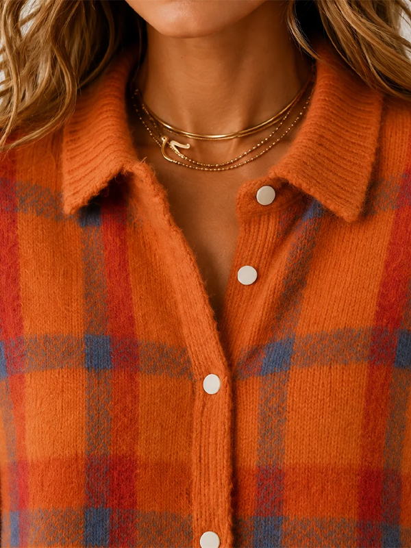 Women's Plaid Print Casual Cotton Buttoned Cardigan Sweater