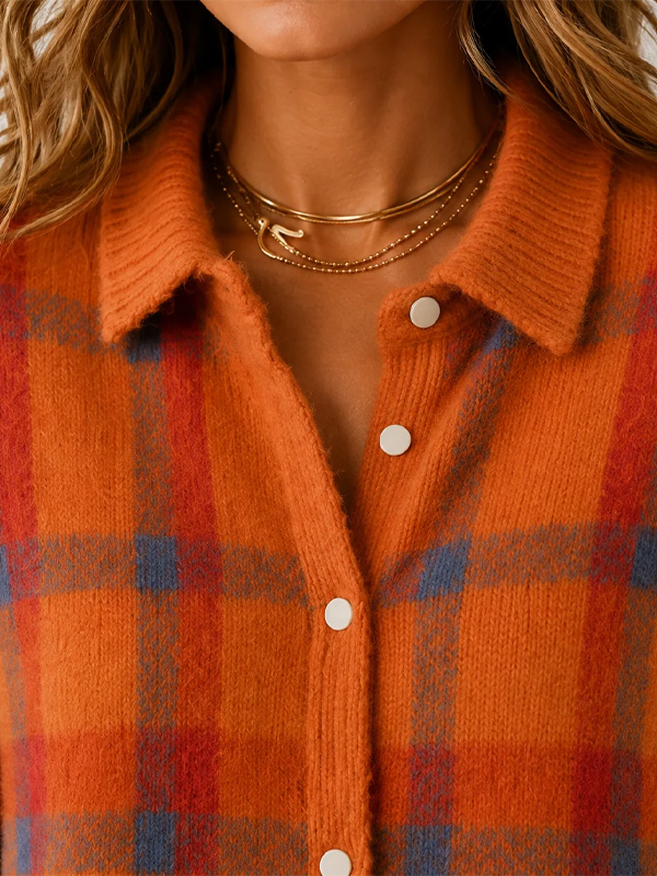 Women's Plaid Print Casual Cotton Buttoned Cardigan Sweater