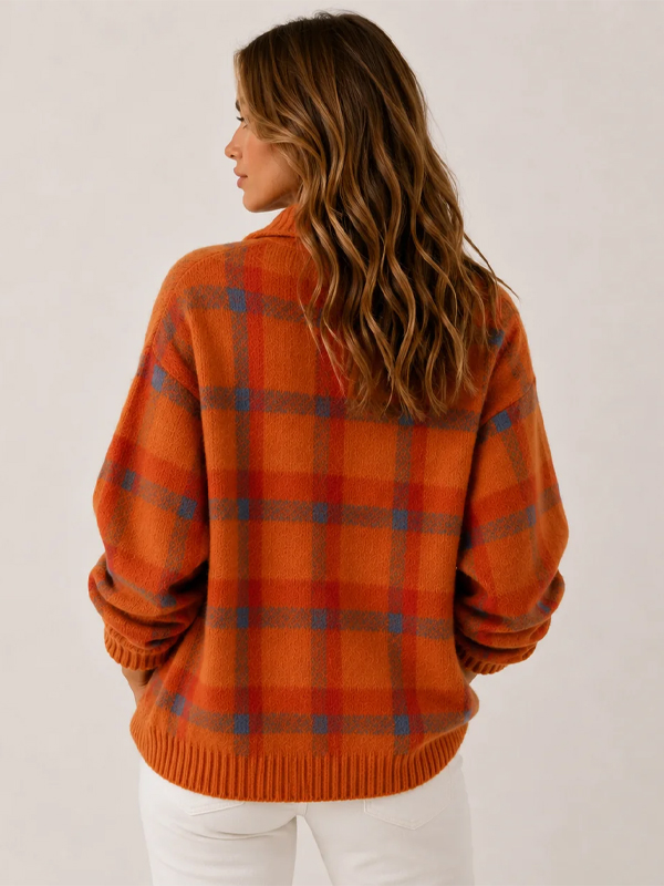 Women's Plaid Print Casual Cotton Buttoned Cardigan Sweater