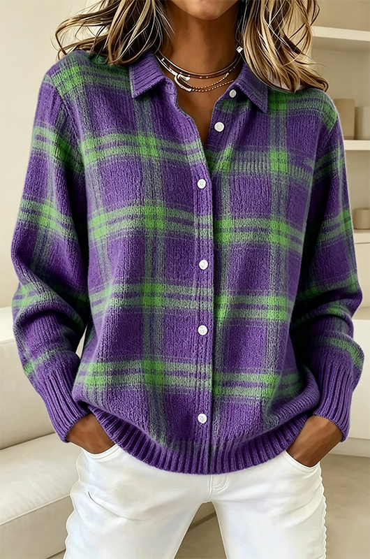 Women's Plaid Print Casual Cotton Buttoned Cardigan Sweater