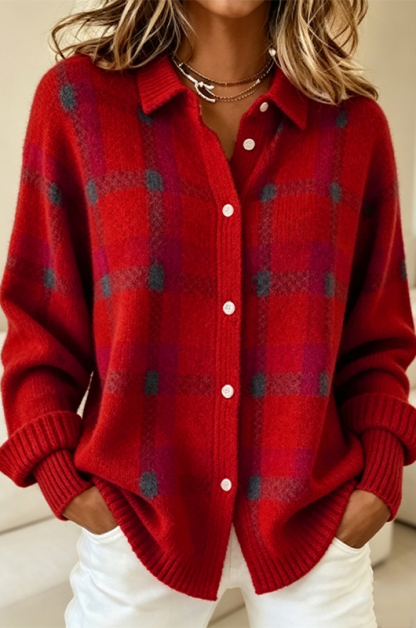 Women's Plaid Print Casual Cotton Buttoned Cardigan Sweater