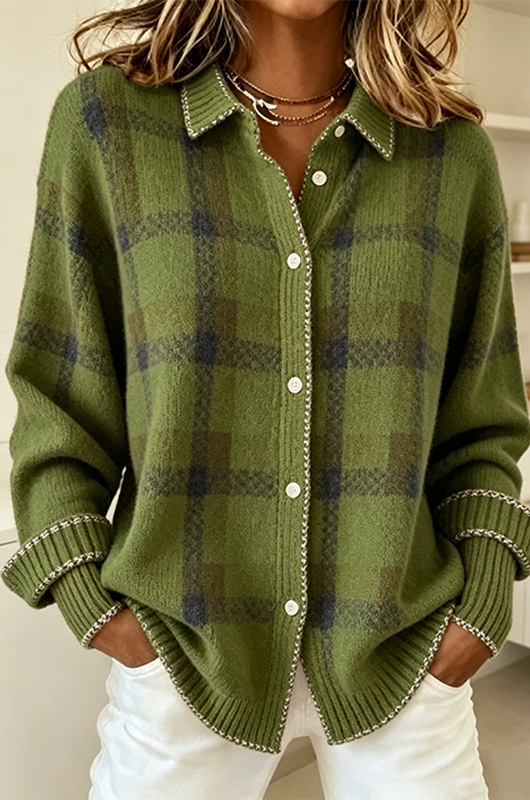 Women's Plaid Print Casual Cotton Buttoned Cardigan Sweater