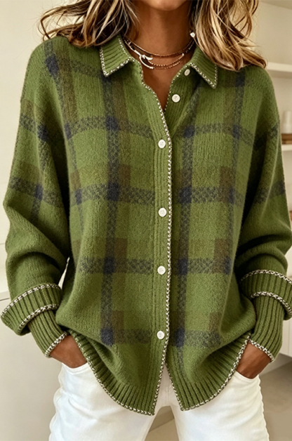 Women's Plaid Print Casual Cotton Buttoned Cardigan Sweater