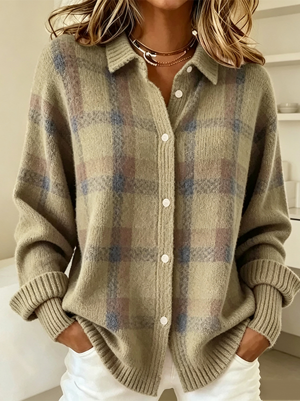 Women's Plaid Print Casual Cotton Buttoned Cardigan Sweater