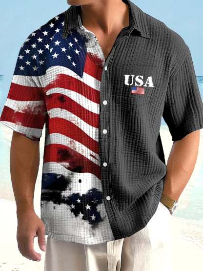 Men's Vintage Independence Day Flag Print Casual Shirt (With Pockets)