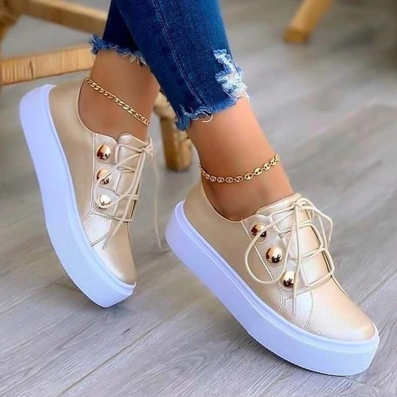 Sneakers Women Flats Round Toe Solid Color Casual Tennis Female Footwear Metal Button Decor Comfortable Ladies Vulcanized Shoe
