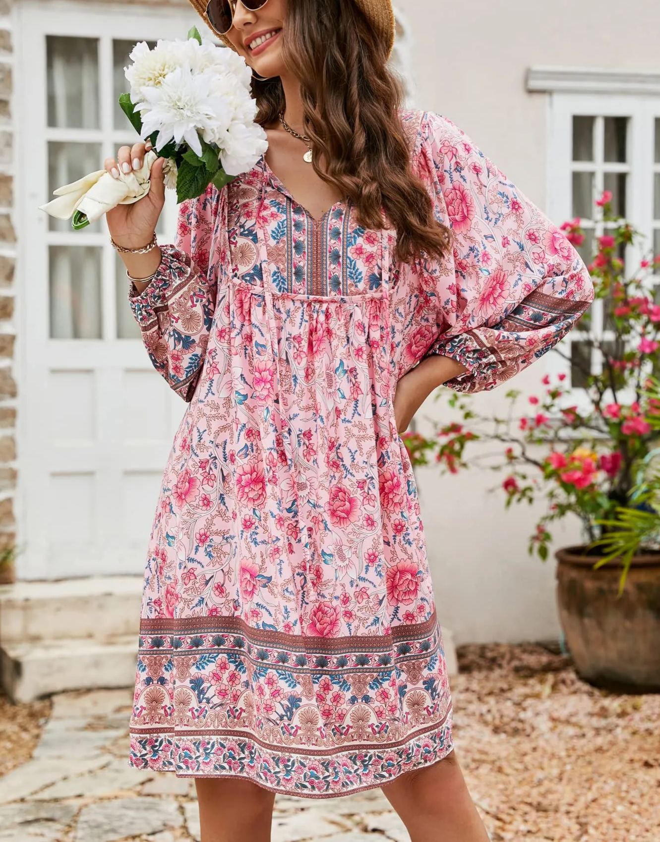 Women's V Neck 3/4 Sleeve Short Floral Print Flowy Dress