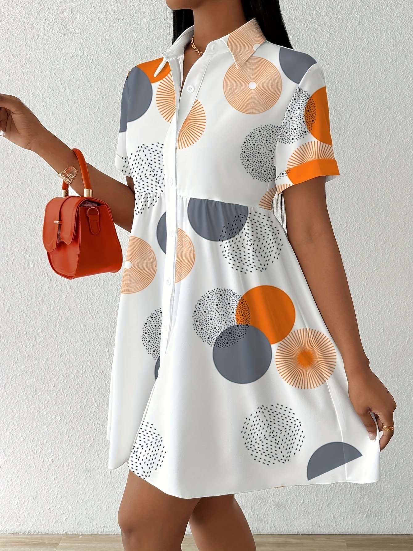 All Over Print Shirt Dress, Casual Short Sleeve Collared Dress for Summer