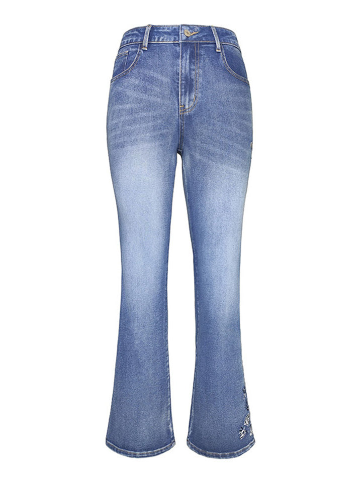 Women's Vintage Floral Embroidery Slim Fit Micro Flared Jeans