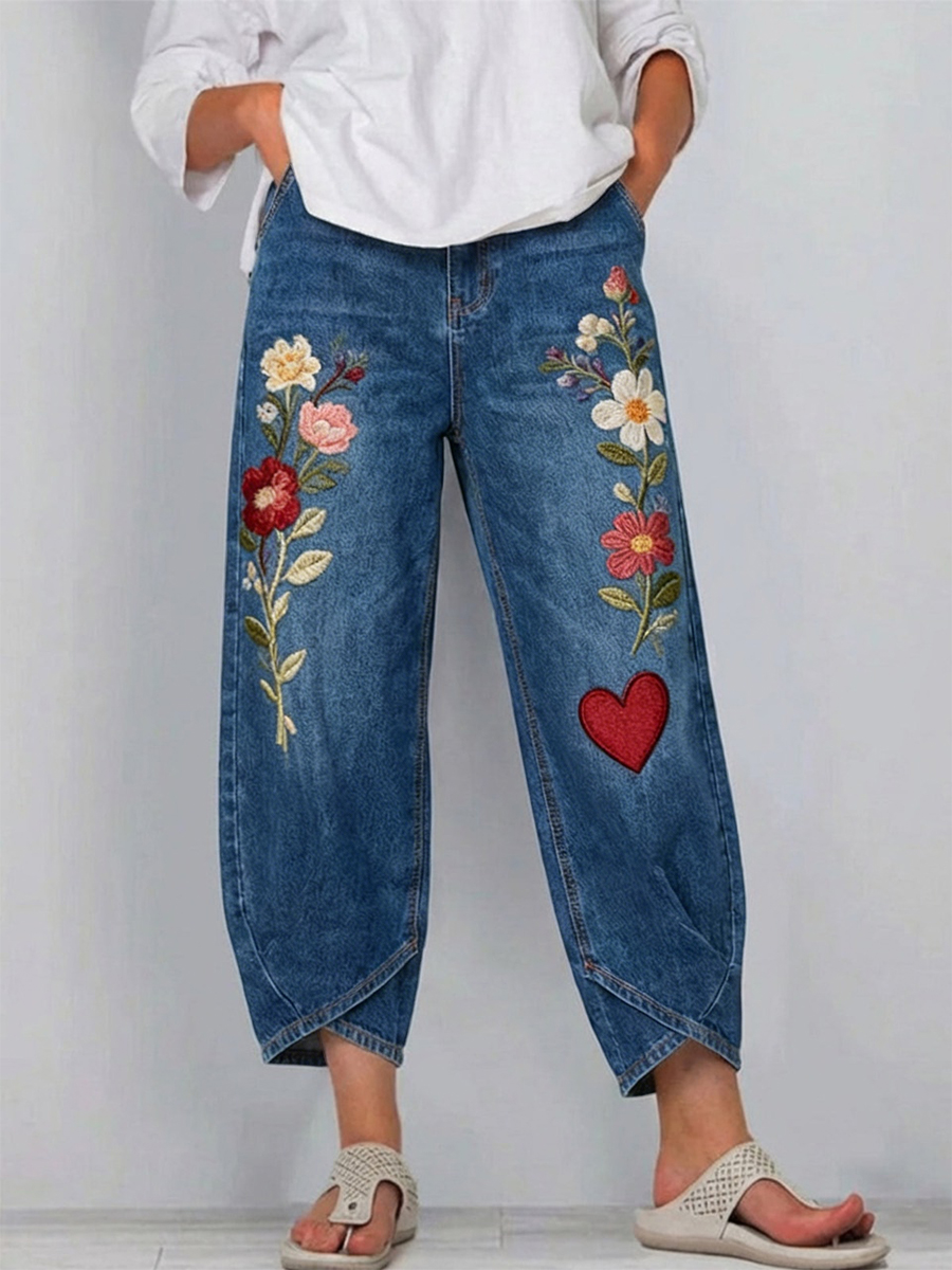 Women's Vintage Floral Love Art Prints Casual Denim Cotton Pants