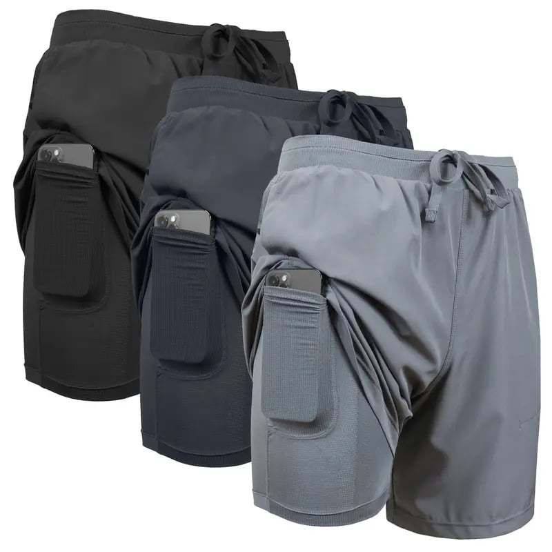 3-Pack Men's 2 in 1 Stretch Active Quick Dry Gym Running Shorts With L