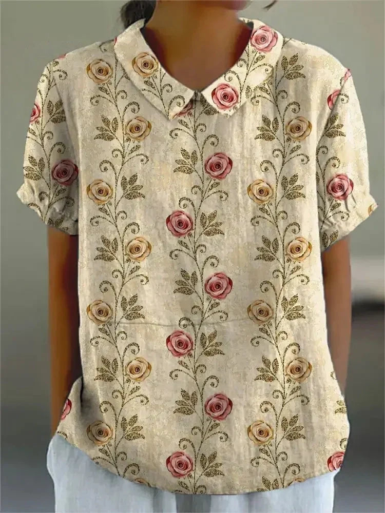 Women's Retro Floral Print Cotton Linen Casual Shirt