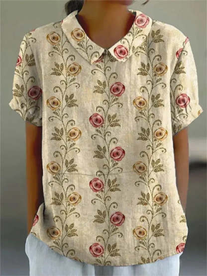 Women's Retro Floral Print Cotton Linen Casual Shirt