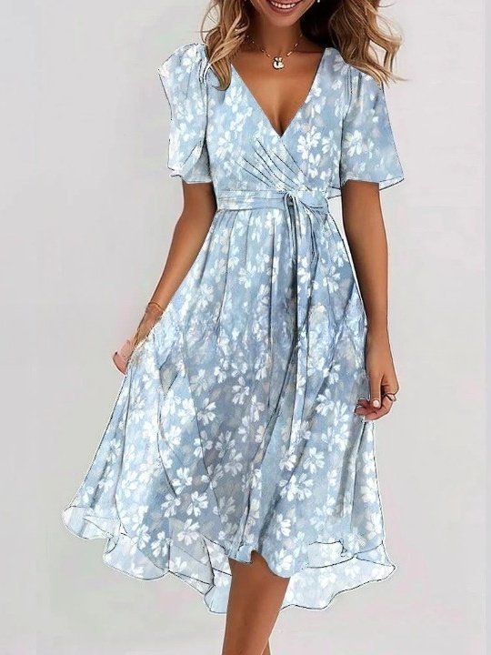 Women's Short Sleeve Summer Green Floral Printing V Neck Daily Going Out Vintage Maxi A-Line Ruffle Skirt Dress