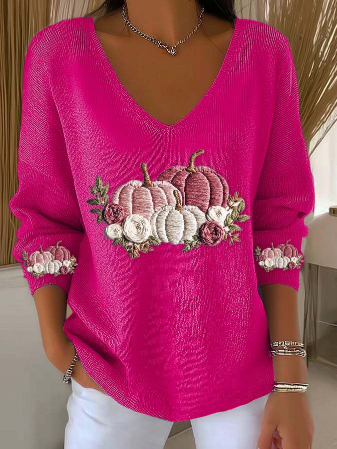 Women's casual pink pumpkin long-sleeved T-shirt knitted ribbed long-sleeved T-shirt