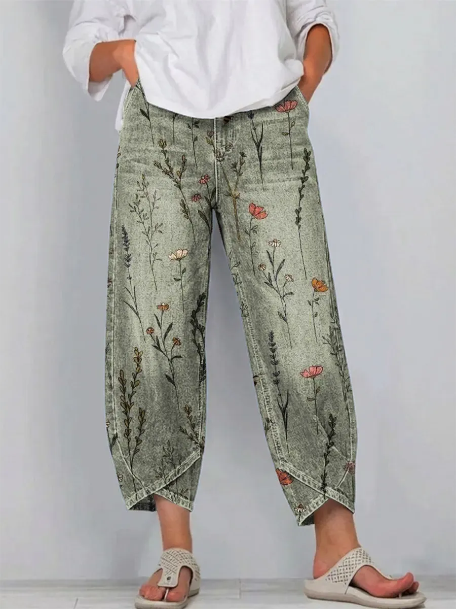 Women's Vintage Floral Pattern Art Print Casual Cotton Denim Pants