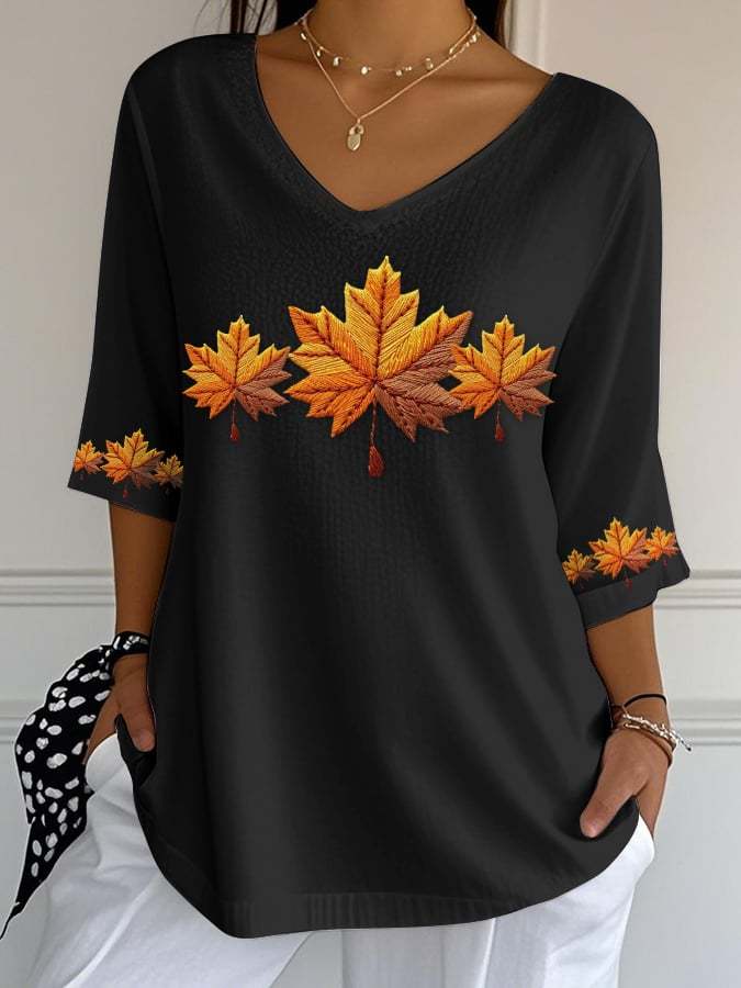 Women's Autumn Maple Leaf Printed Bubble Wrinkle Top