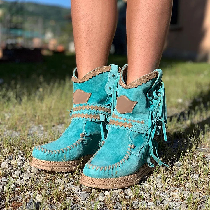 Women's Retro Leather Round-toe Flat Heel Tassel Boots Silverstone Marine Turquoise Moccasin Vintage Stone-washed Shoes