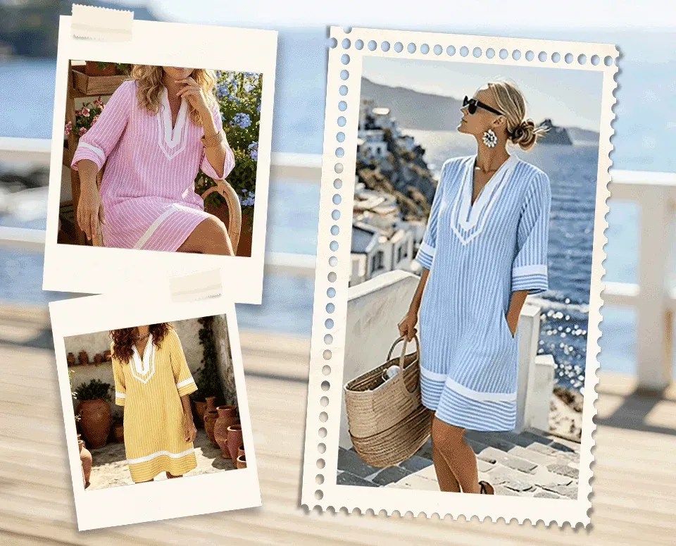 🏖️Summer Sale🔥 Boho V-Neck Short Sleeve Striped Dress