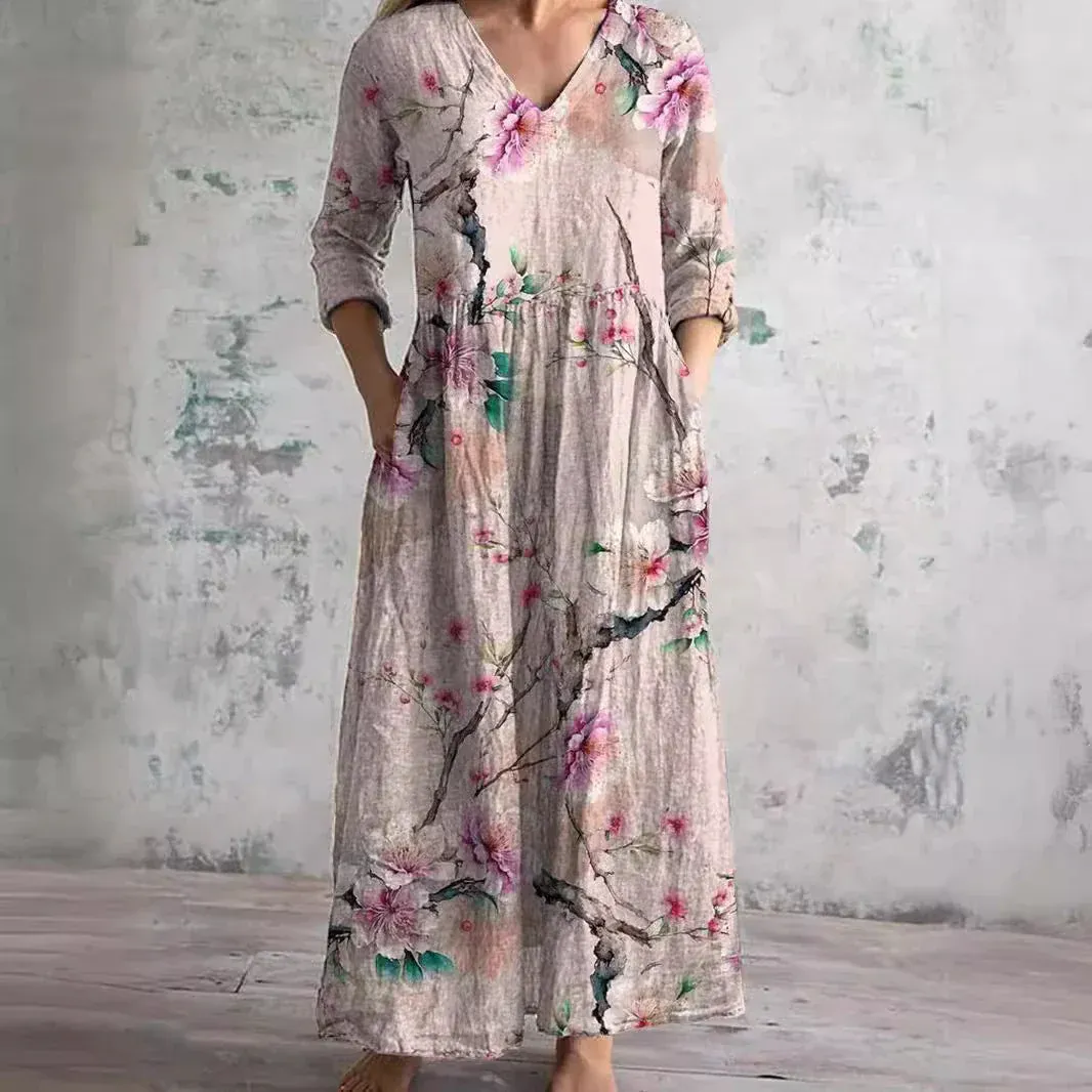 Women's Vintage Floral Print Casual Cotton Dress
