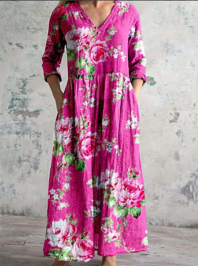 Women's Vintage Floral Print Casual Cotton Dress
