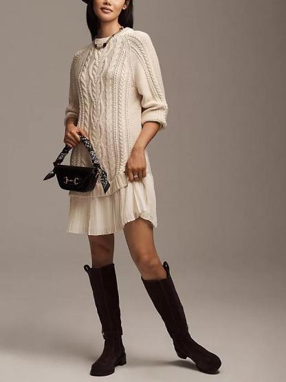 Women Crewneck Cable Knit Sweater Mini Dress (Buy 2 Free Shipping)