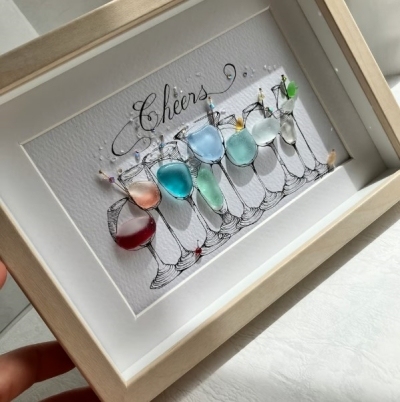 Happy Hour Sea Glass Art, 5x7 Framed Handmade Picture