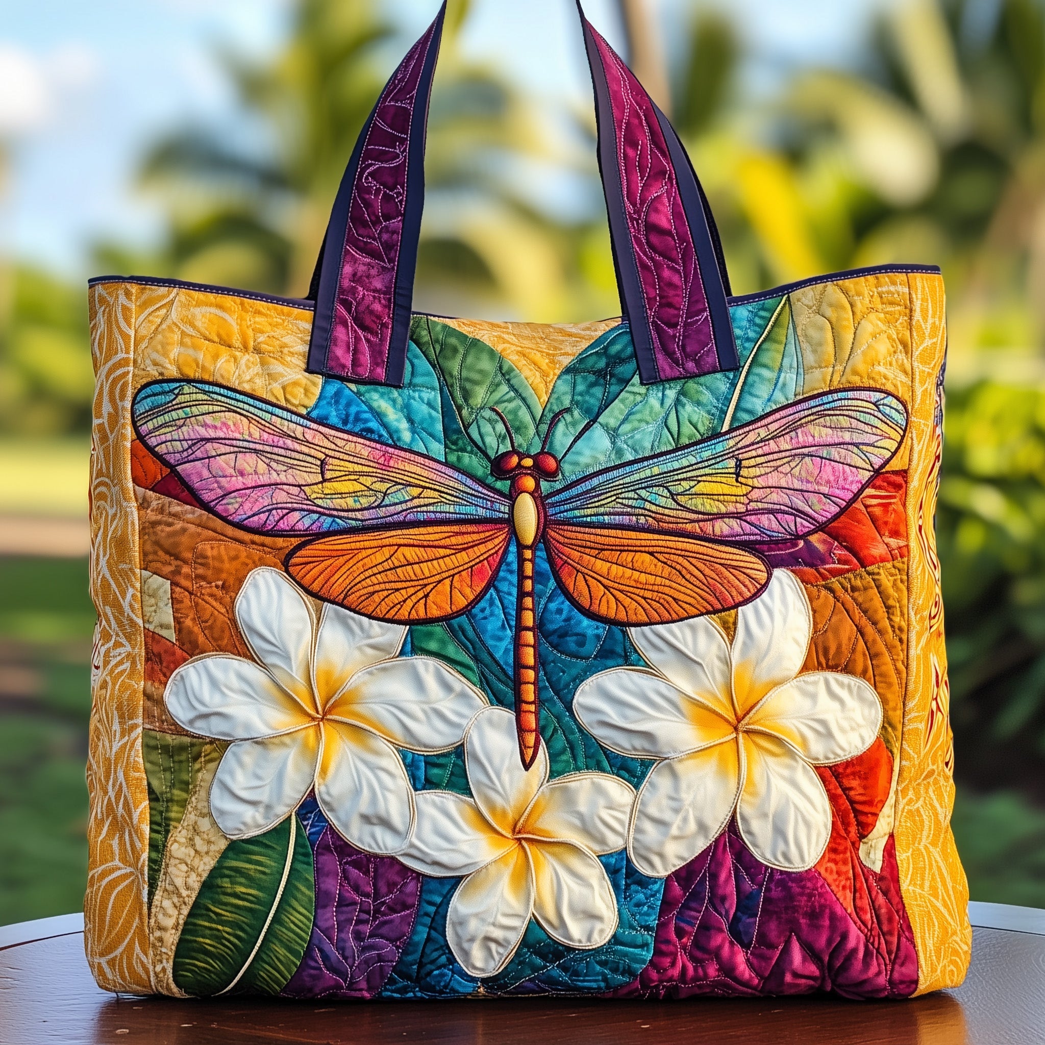 Plumeria Dragonfly Quilted Tote Bag GFTOMA1540