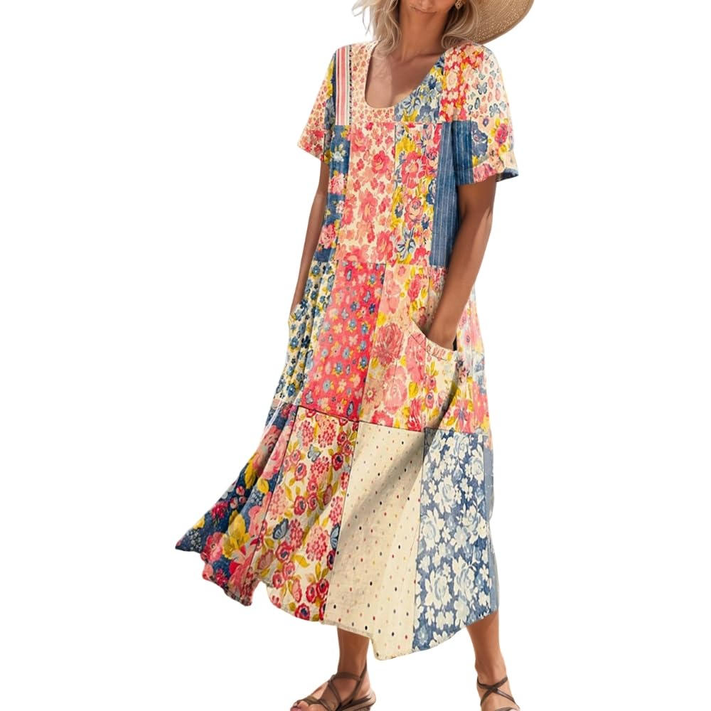 Women's Short-Sleeved Printed Long Dress