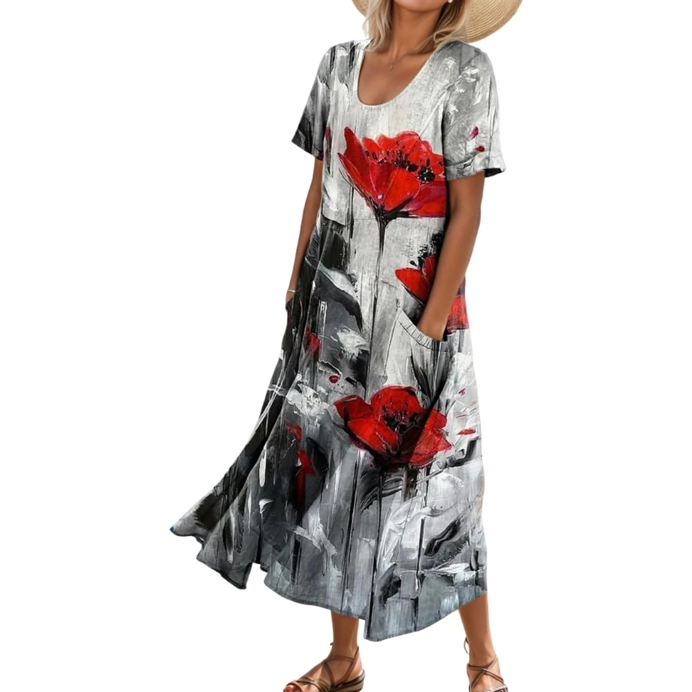 Women's Short-Sleeved Printed Long Dress