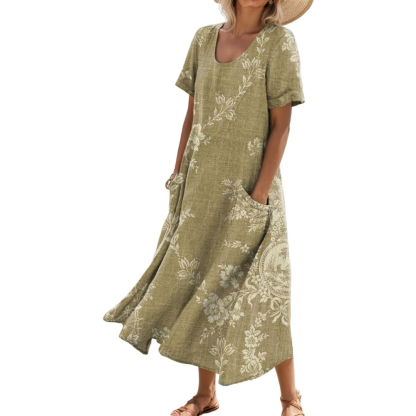 Women's Short-Sleeved Printed Long Dress