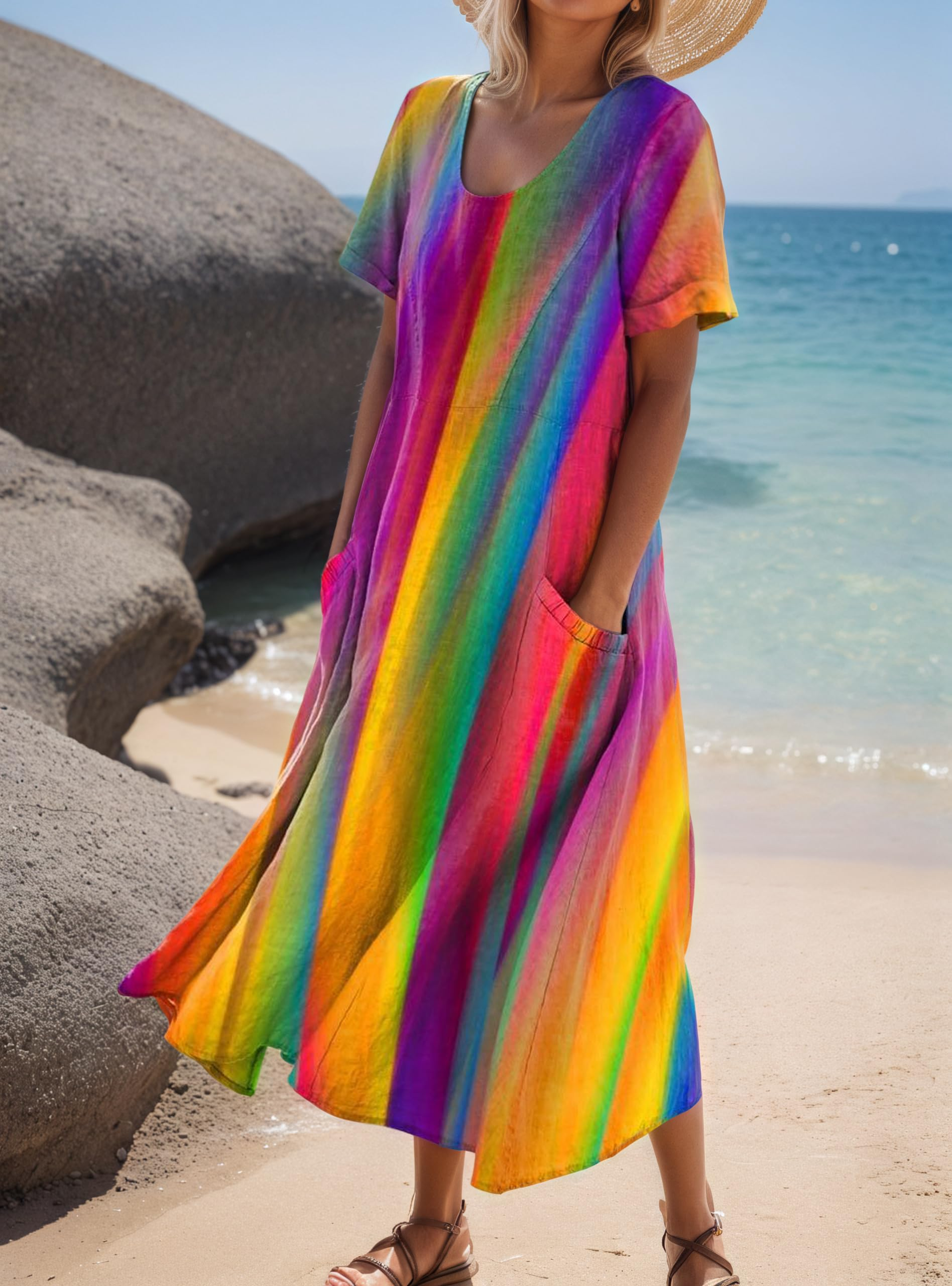 Women's Short-Sleeved Printed Long Dress